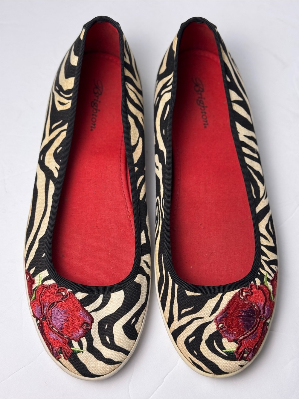 Brighton Black & Cream Zebra Print Ballet Flats with Red Floral Embroidery
